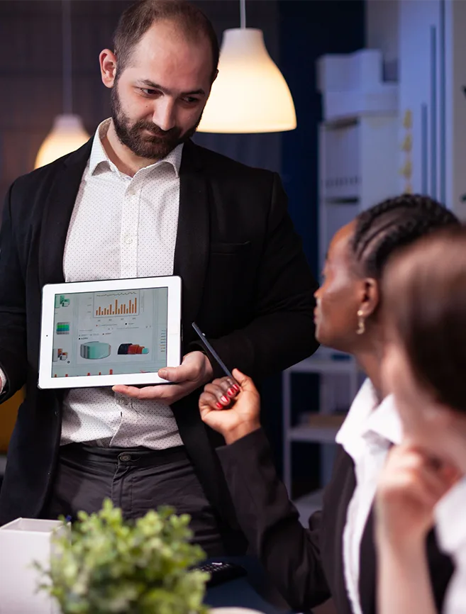 business presentation, data analysis, office meeting, teamwork, corporate discussion, tablet presentation, business analytics, workplace collaboration, professional setting